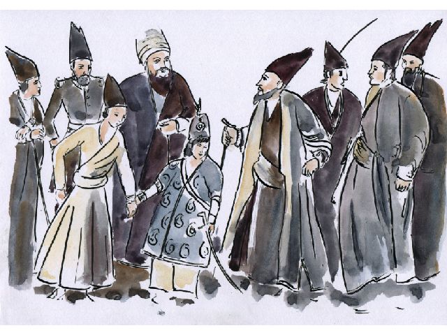 NÁṢIRI’D-DÍN SHÁH AS A CHILD, SHOWING MÍRZÁ ABU’L-QÁSIM, THE QÁ’IM- MAQÁM ON HIS RIGHT AND ḤÁJÍ MÍRZÁ ÁQÁSÍ ON HIS LEFT. ON EXTREME LEFT (MARKED X) STANDS MANÚCHIHR KHÁN, THE MU‘TAMIDU’D-DAWLIH