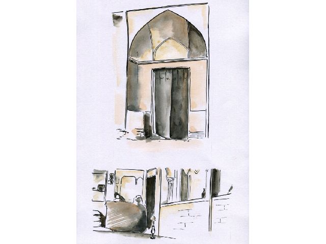 VIEWS OF THE HOUSE OF ḤÁJÍ MÍRZÁ JÁNÍ IN KÁSHÁN, SHOWING THE ROOM WHERE THE BÁB STAYED