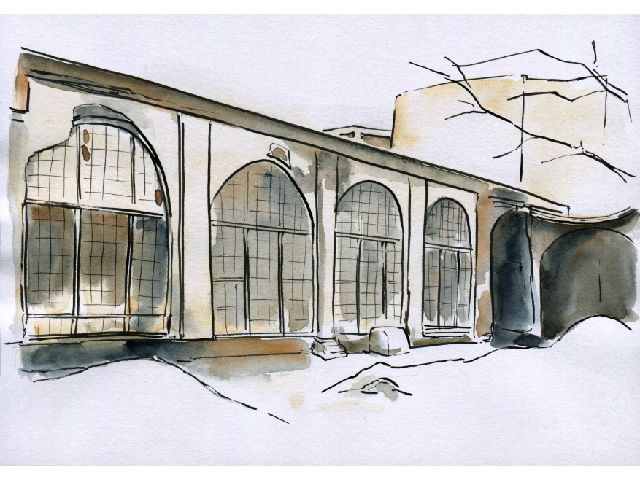 THE BARRACK-SQUARE OF TABRÍZ, WHERE THE BÁB SUFFERED MARTYRDOM. PILLAR ON THE RIGHT MARKED X IS THE PLACE WHERE HE WAS SUSPENDED AND SHOT