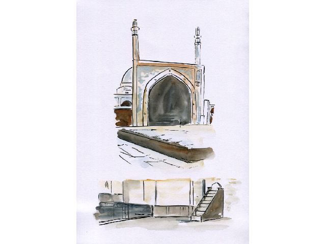 VIEWS OF THE MASJID-I-JUM‘IH IN IṢFAHÁN,SHOWING PULPIT BEFORE WHICH THEBÁB PRAYED